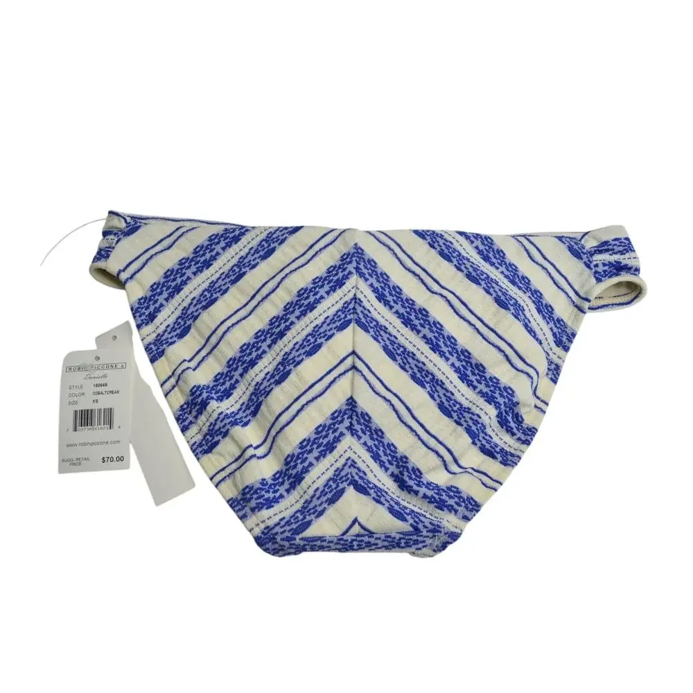 ROBIN PICCONE Women's Blue & Cream Striped Textured Bikini Bottoms
